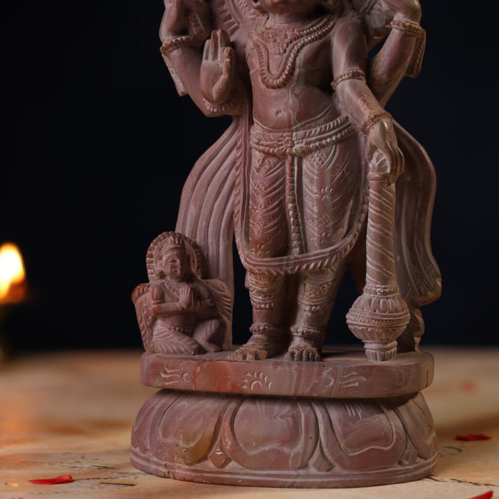 Close Detailing of Pink Stone Lord Vishnu Idol – 8 Inch Standing Statue