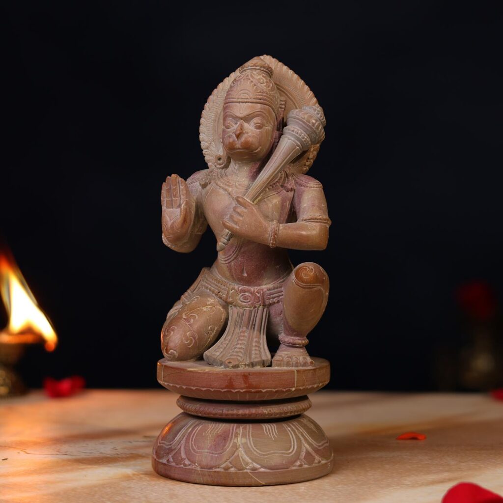 Handcrafted Lord Hanuman idol in pink stone