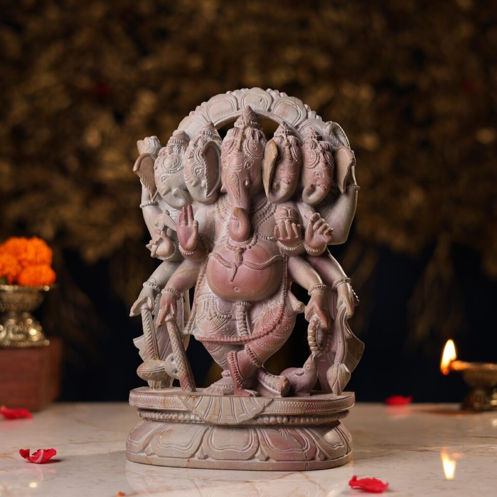 Pink Stone Panchmukhi Ganesh Idol Handcrafted Statue Side View