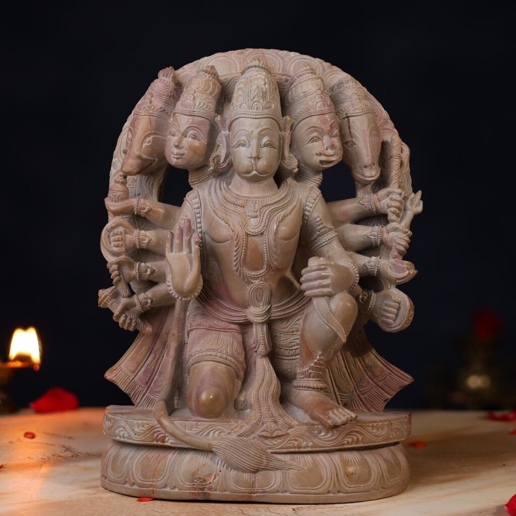Handcrafted pink stone Panchmukhi Hanuman idol 10 inches with fine detailing