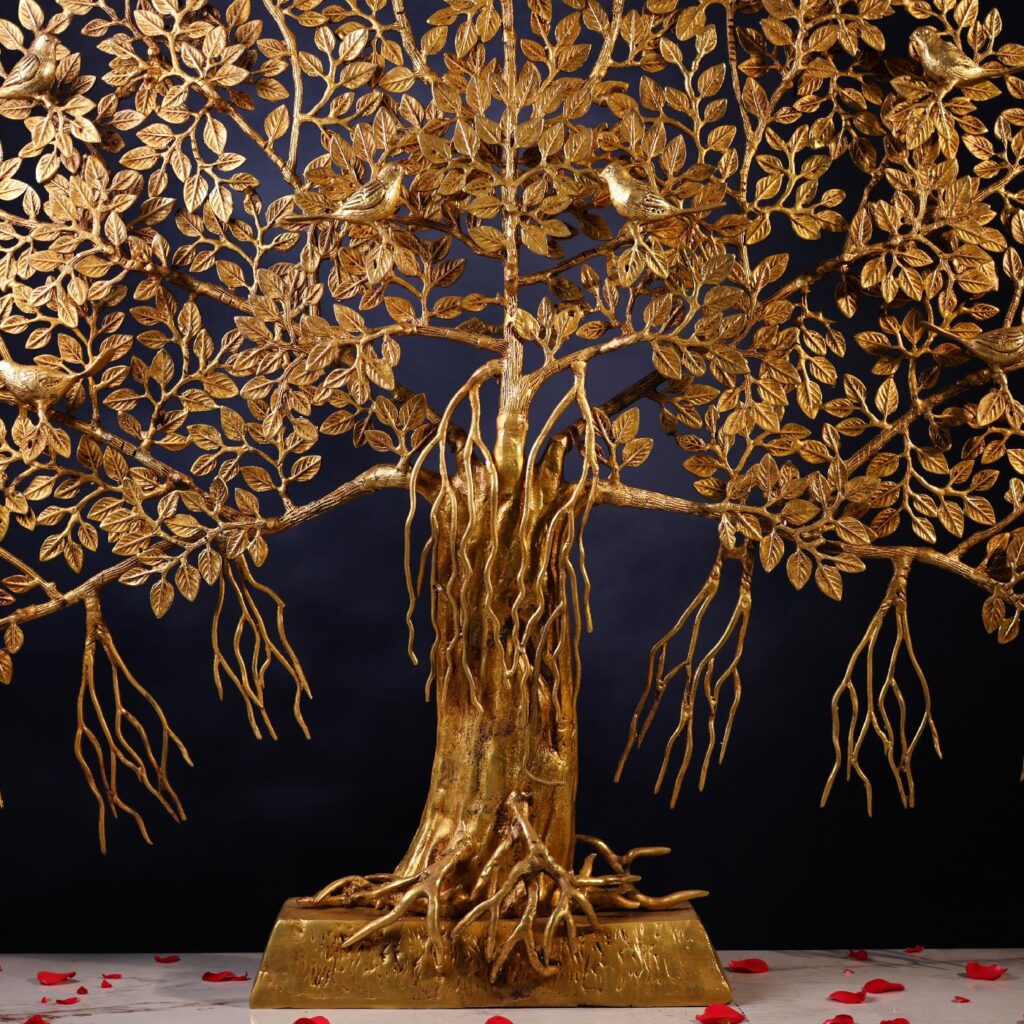 Close-up of Brass Tree of Life with Birds – 40 Inch Handcrafted Statue