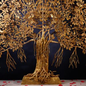 Close-up of Brass Tree of Life with Birds – 40 Inch Handcrafted Statue