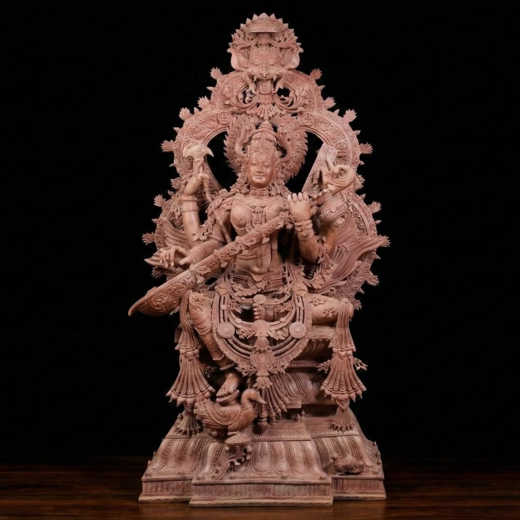 Very large 6 feet pink stone Maa Saraswati idol handcrafted by Odisha artisans