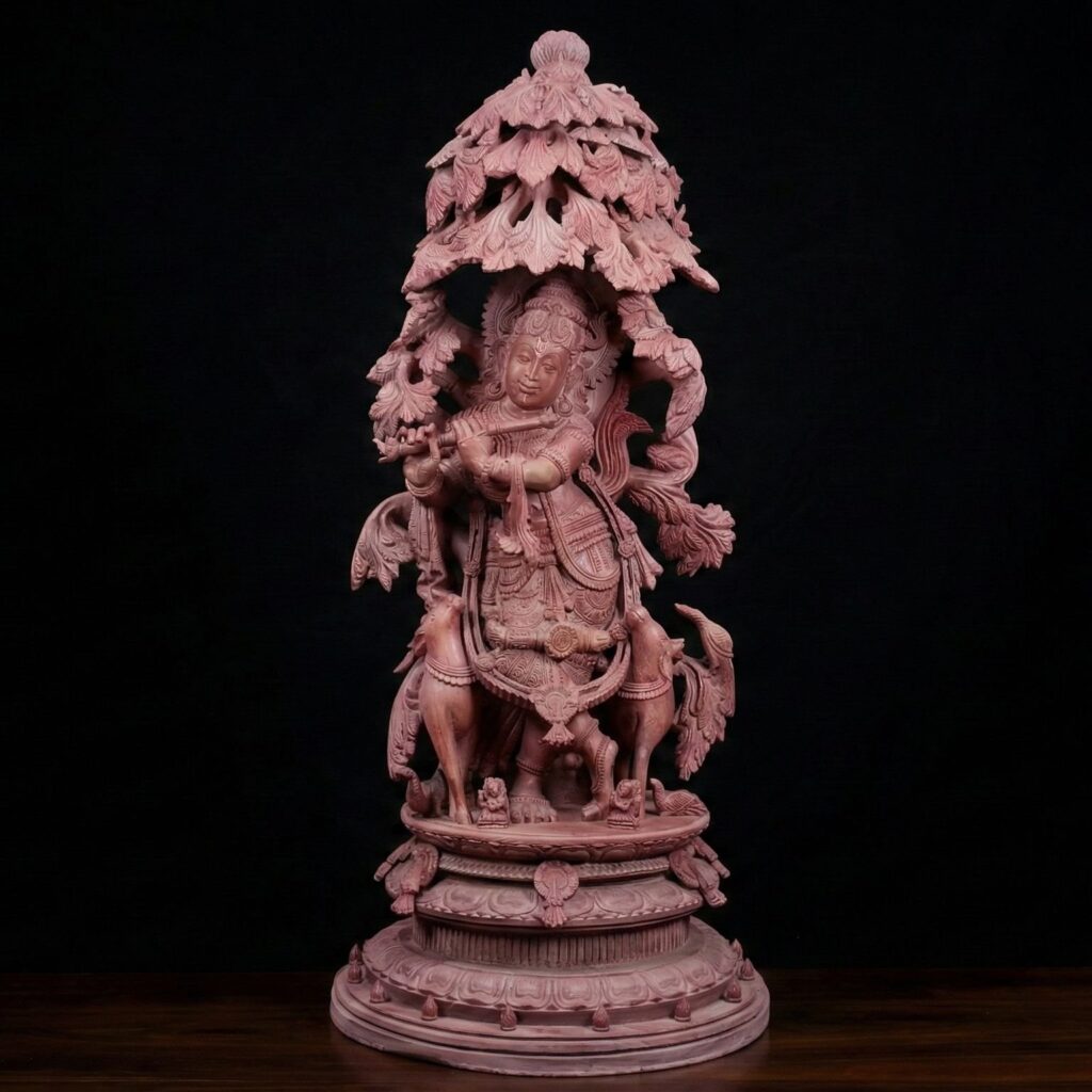 4 feet pink stone Krishna statue handcrafted by Odisha artisans
