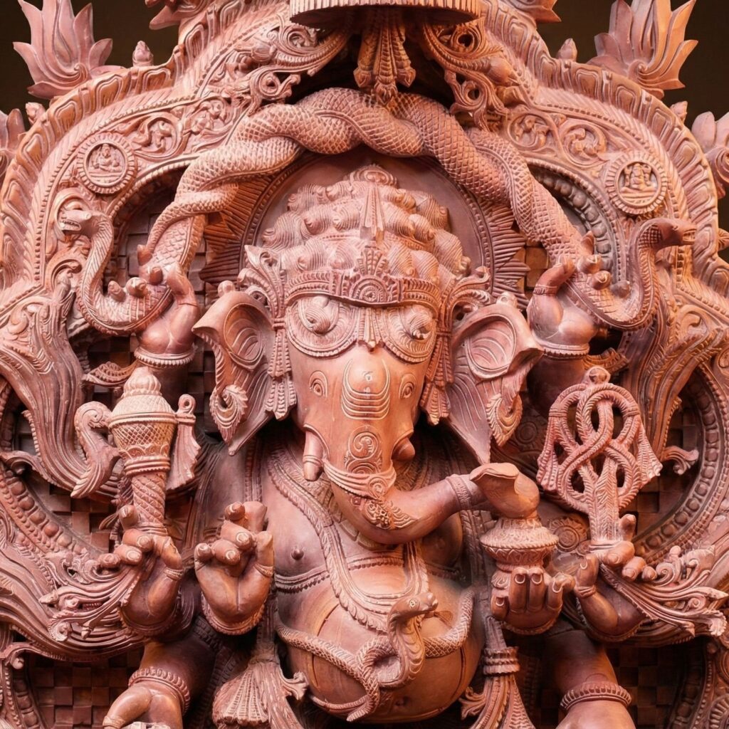 Close up detailing of pink stone Ganesh idol face