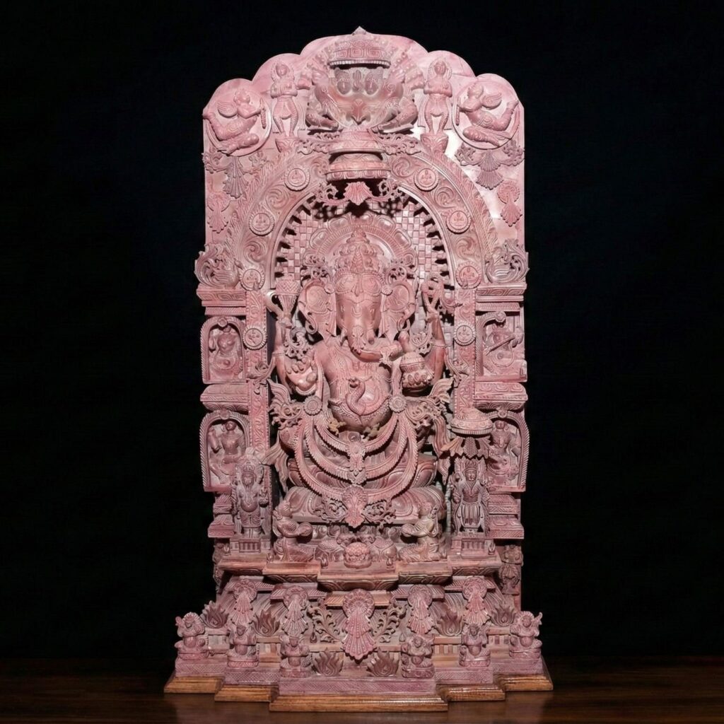 Pink stone Ganesh statue with arch handcrafted by Odisha artisans
