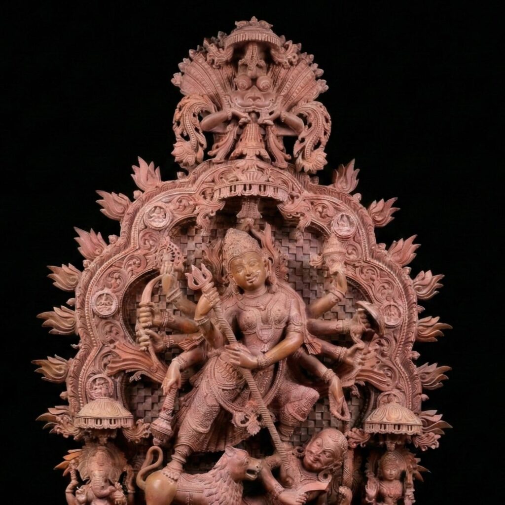 Close-up detailing of handmade pink stone Durga idol from Odisha