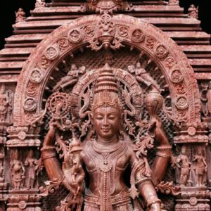 Close up detailing of pink stone Vishnu Narayan idol face