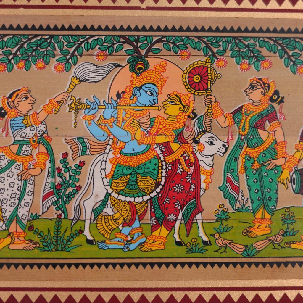 Krishna and Radha Tala Pattachitra Palm Leaf Detail