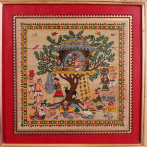 Tribal Village Life Palm Leaf Art – Tree House Tala Patra Chitra Wall Hanging