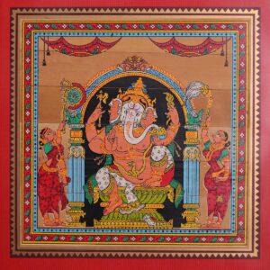 Royal Seated Ganesha Palm Leaf Art – Traditional Tala Patra Chitra Wall Hanging