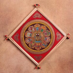 Front view of intricately designed wall hanging featuring sacred Vishnu avatars, Jagannath Dashavatara Palm Leaf Art.