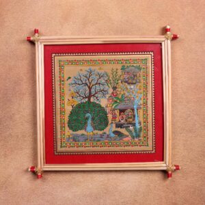 Peacock & Village Scene Palm Leaf Art – Traditional Odisha Tala Patra Wall Hanging