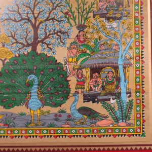 Peacock & Village Scene Palm Leaf Art – Traditional Odisha Tala Patra Wall Hanging