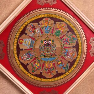 Vibrant details of various deities surround the central idol in this Jagannath Dashavatara Palm Leaf Art.