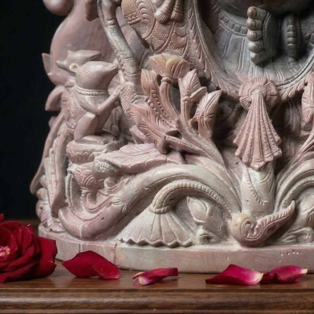 base carving detail pink stone panchmukhi ganesh statue