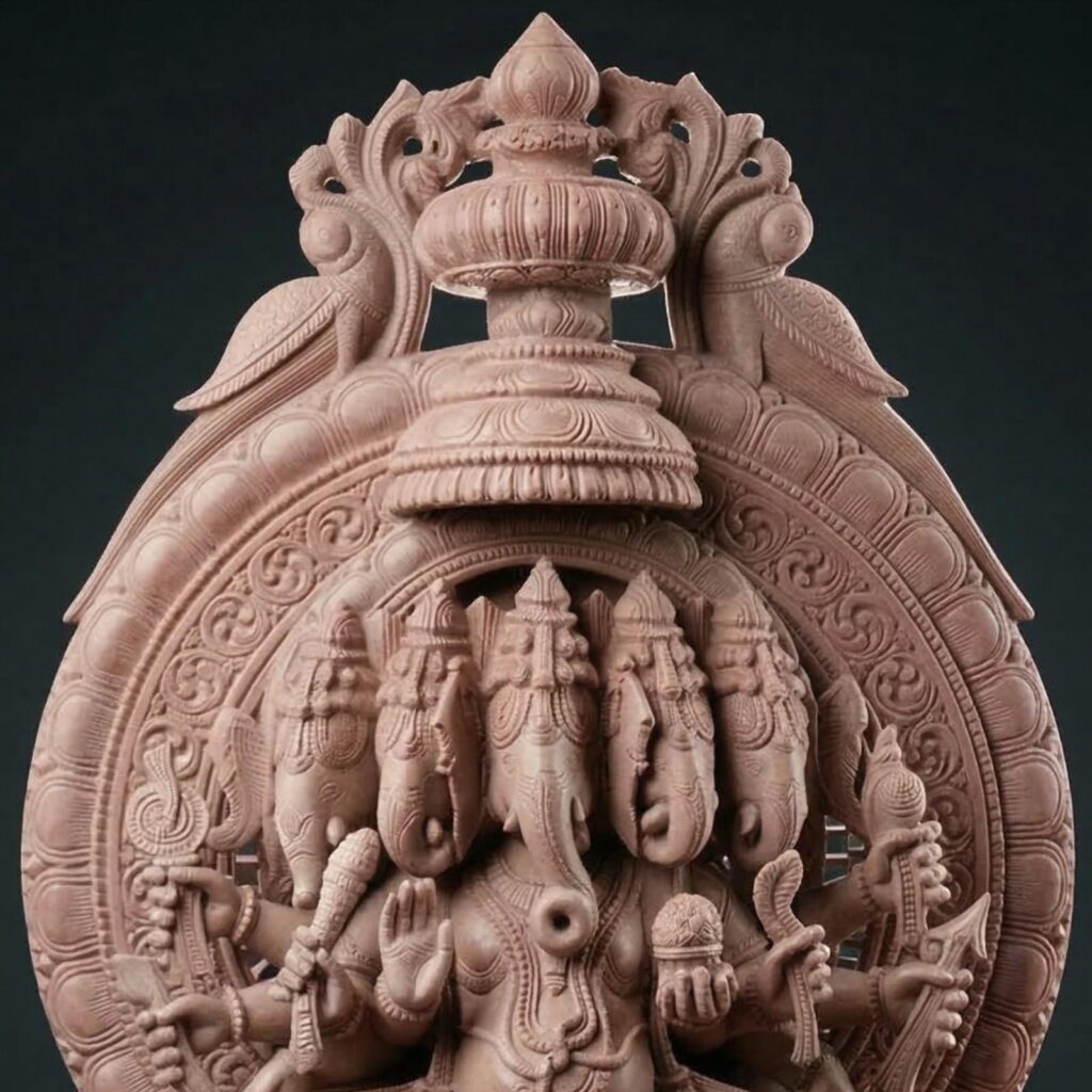 close up carving of 2 feet pink stone panchmukhi ganesh statue handcrafted sculpture