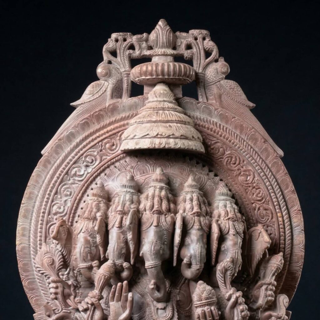 close up carving detail pink stone panchmukhi ganesha statue