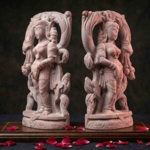 Pink Stone Apsara Statue Pair – Handcrafted Decorative Sculptures 8 inch
