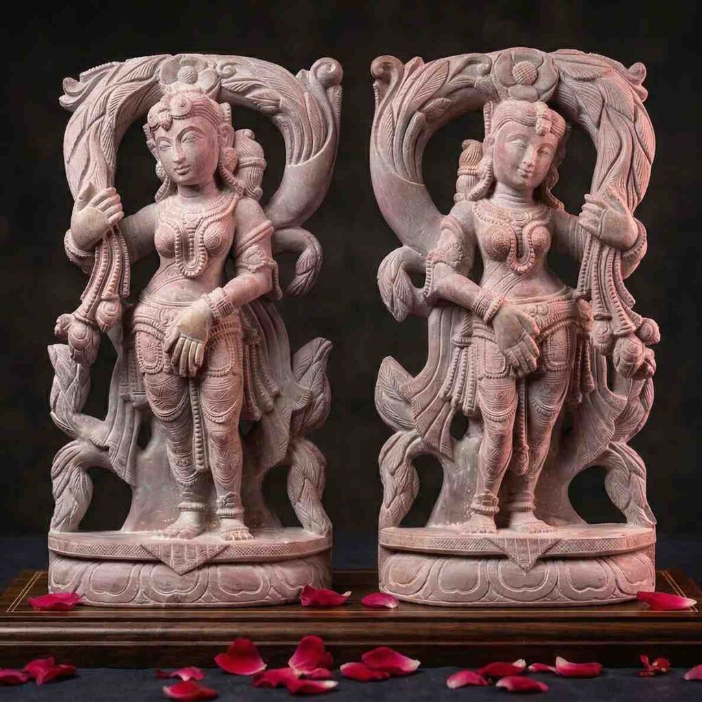 8 inch pink stone apsara statue pair handcrafted decorative sculptures