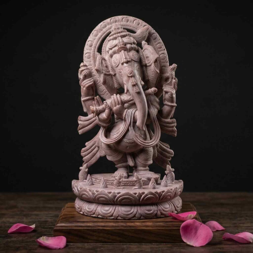 8 inch pink stone standing ganesh statue holding flute handcrafted