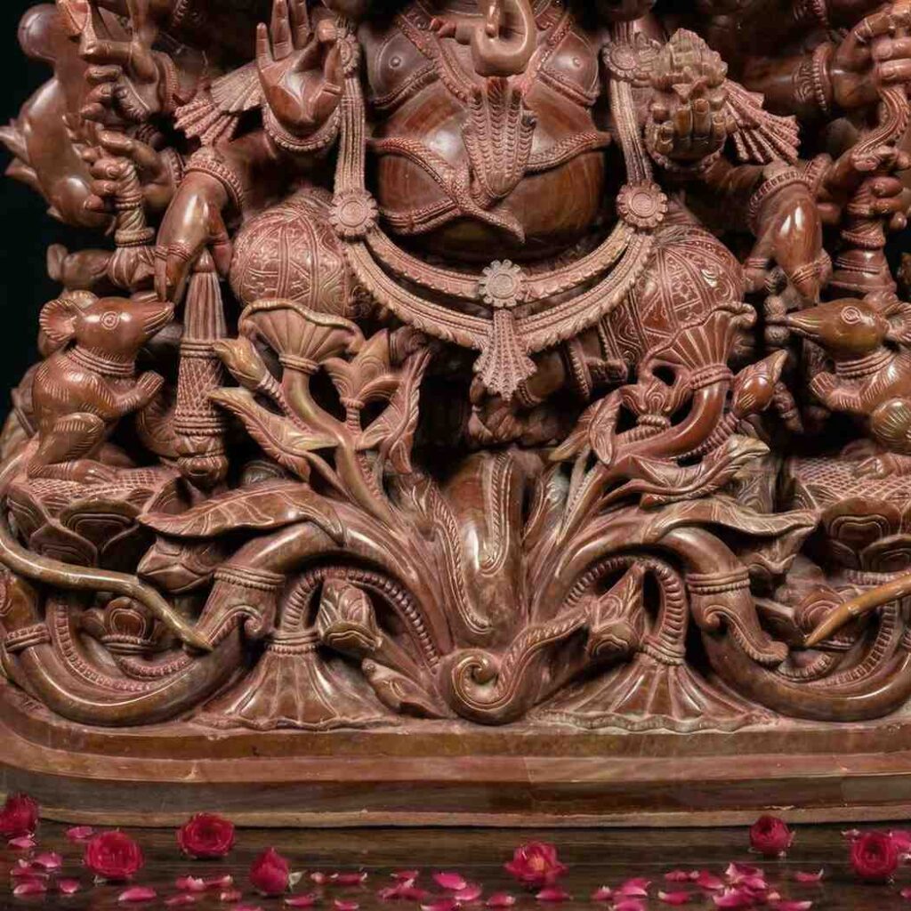 base carving pink stone panchmukhi ganesh statue temple style