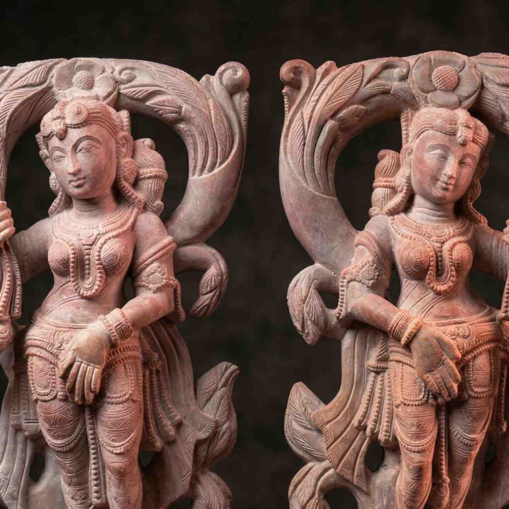 Front view of 8 inch pink stone Apsara statue pair showcasing detailed carving and artistic design