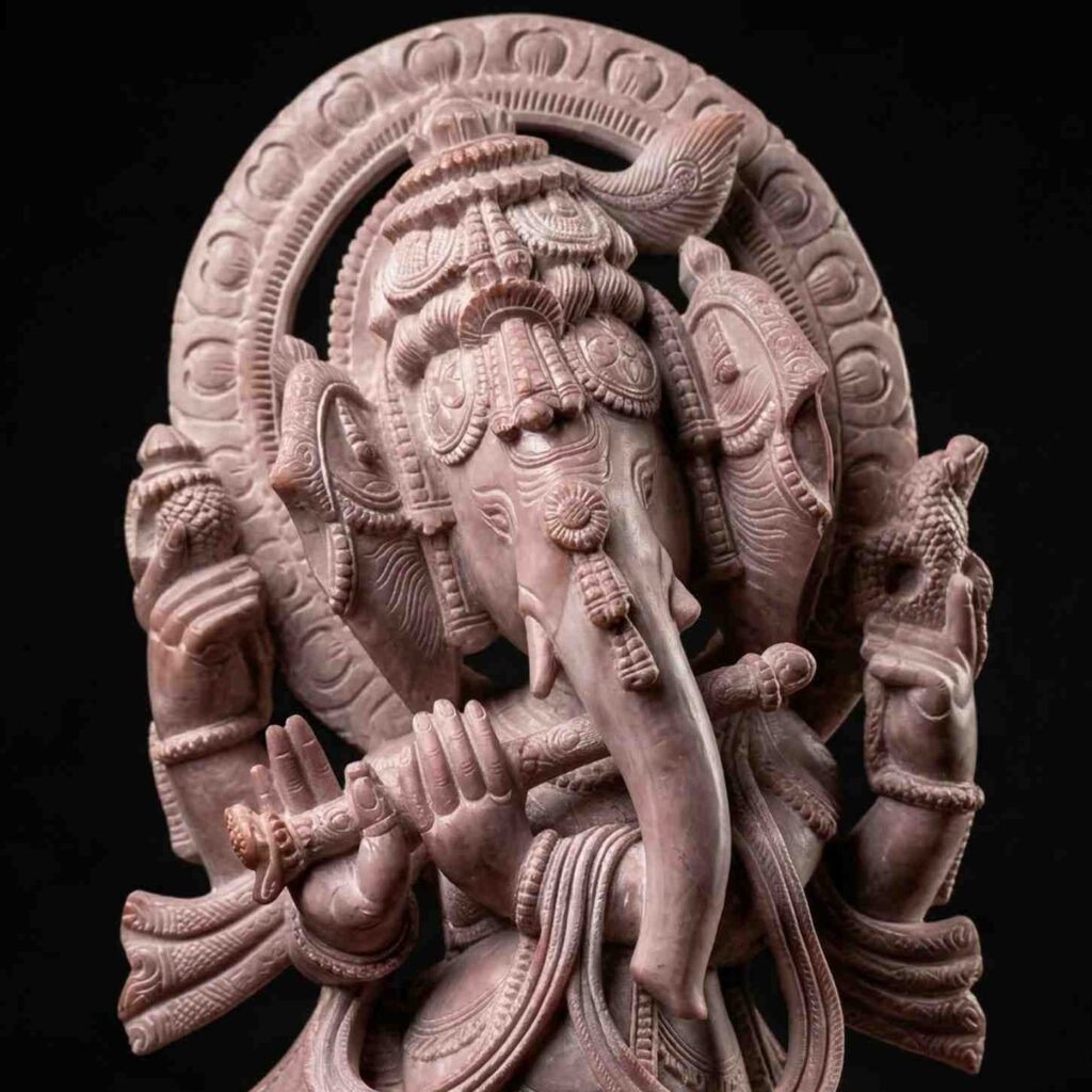 Front view of handcrafted pink stone Ganesh statue in standing posture holding flute
