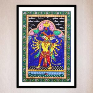 Front view of a colorful idol with multiple arms, featuring Panchamukhi Hanuman Pattachitra Art Handcrafted.