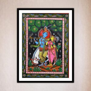 Front view of a colorful scene with Radha and Krishna, Radha Krishna Pattachitra Art- Handcrafted In Odisha.