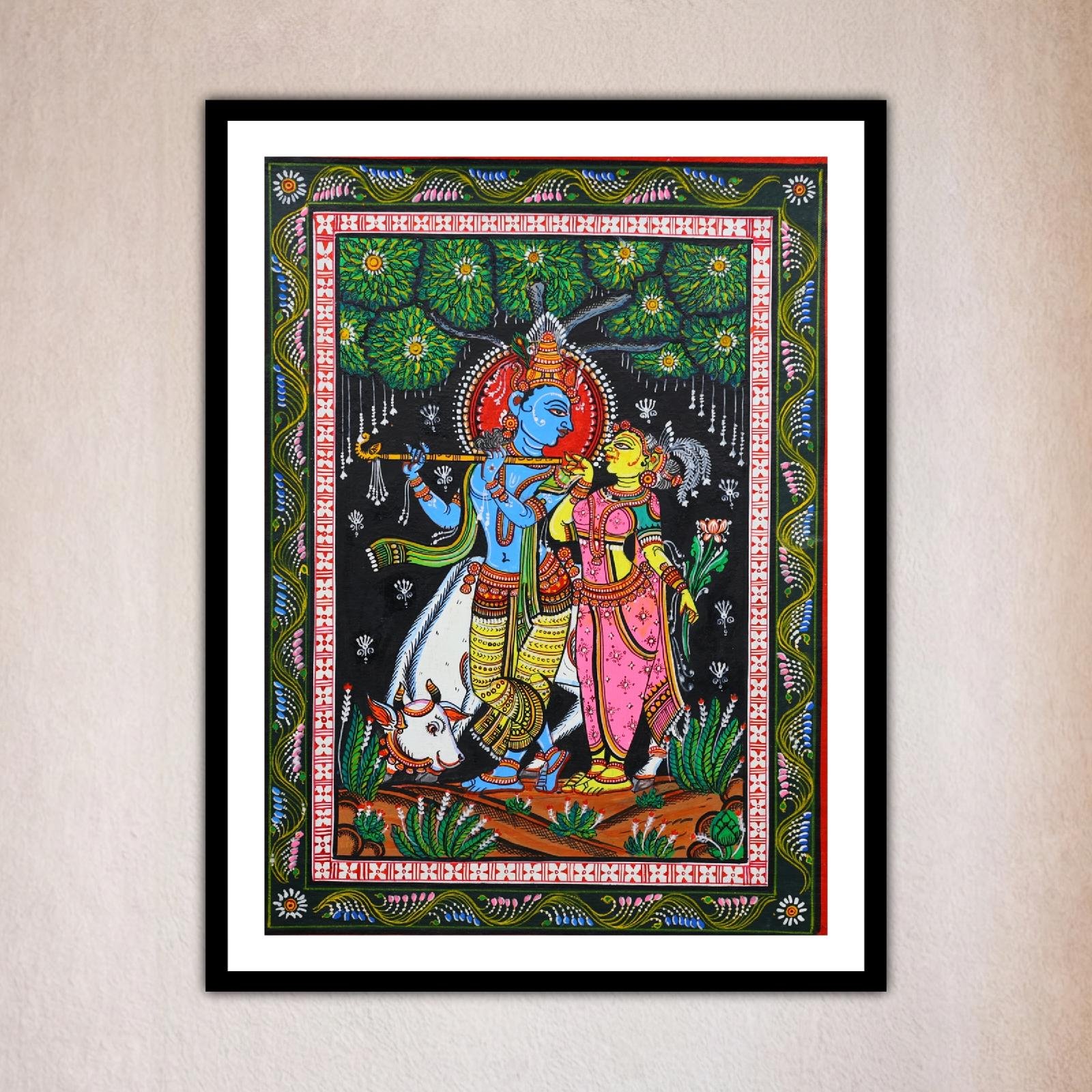 Front view of a colorful scene with Radha and Krishna, Radha Krishna Pattachitra Art- Handcrafted In Odisha.