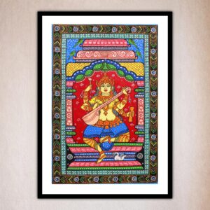 Front view of a colorful painting featuring Goddess Saraswati, handcrafted Odisha traditional art.