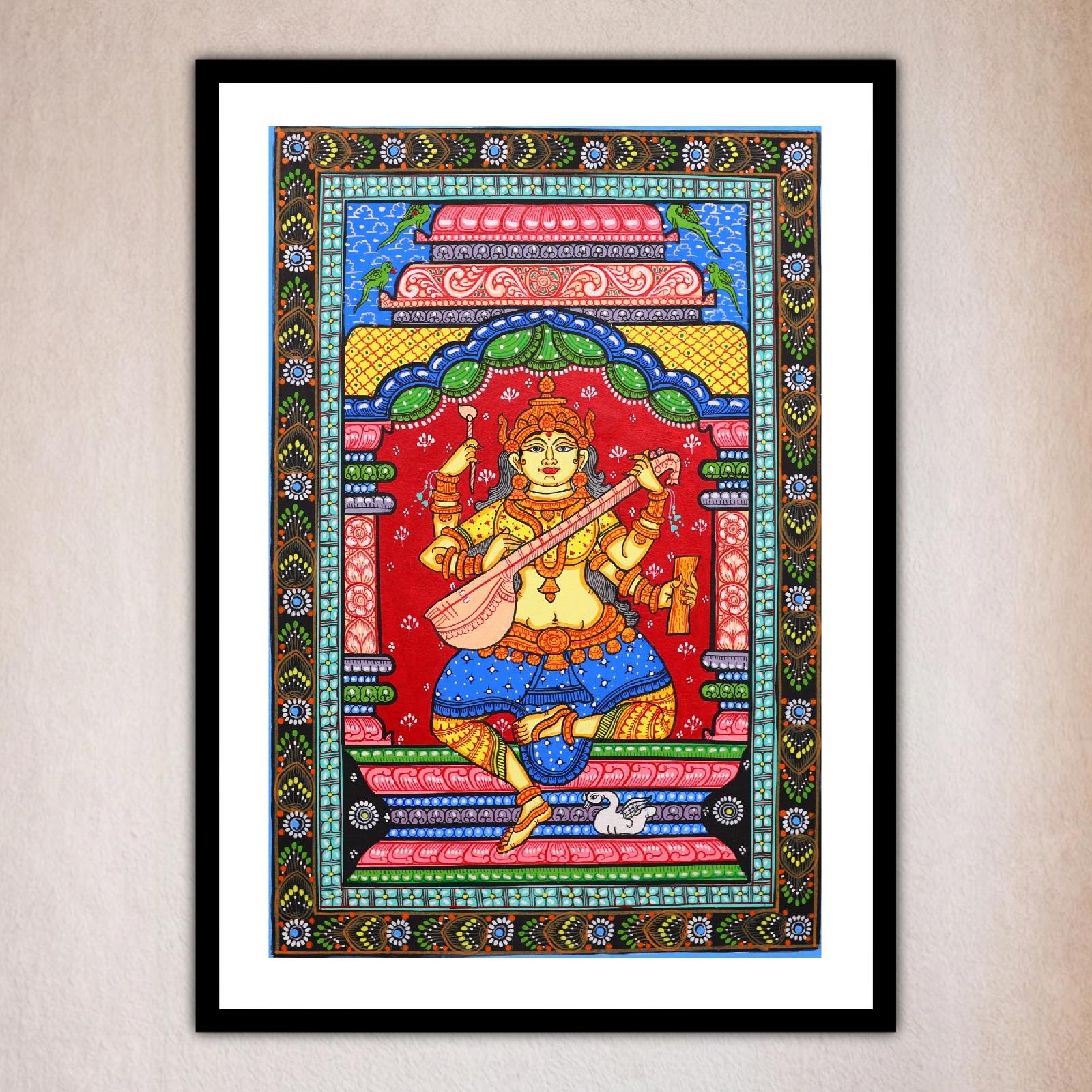 Front view of a colorful painting featuring Goddess Saraswati, handcrafted Odisha traditional art.