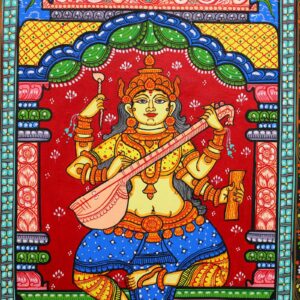 Intricate patterns adorn the figure's clothing in this Goddess Saraswati Pattachitra Painting.