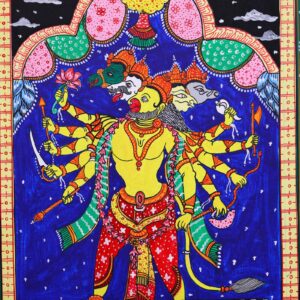 Vibrant colors and intricate details illustrate multiple arms in this Panchamukhi Hanuman Pattachitra Art handcrafted piece.
