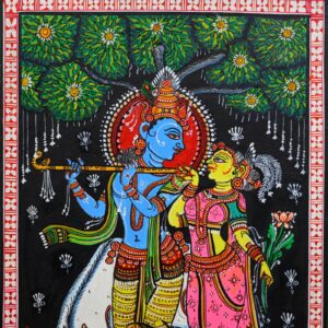 Intricate floral patterns surround Radha and Krishna in this handcrafted Pattachitra art from Odisha.