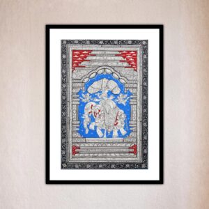 Front view of a colorful painting featuring Krishna, the Krishna With Kandarpa Hasti Pattachitra Painting.