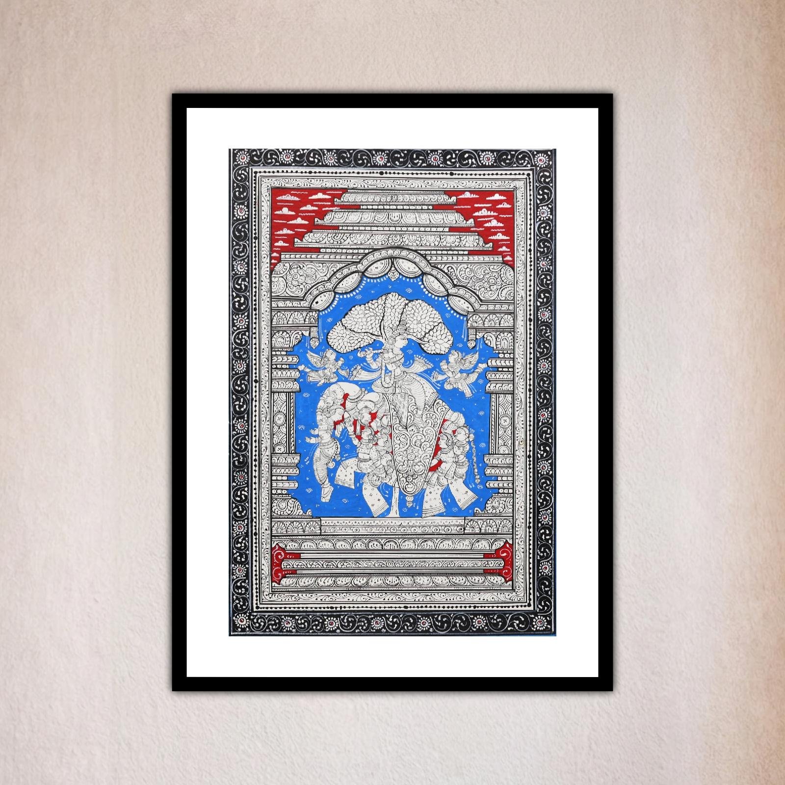 Front view of a colorful painting featuring Krishna, the Krishna With Kandarpa Hasti Pattachitra Painting.