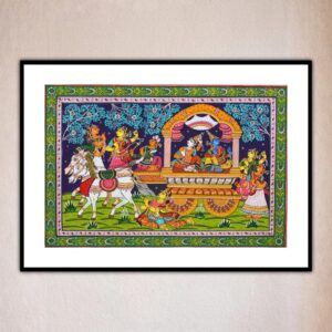 Front view of colorful scene with figures, trees, and horses in Krishna Balaram Mathura Vijay Pattachitra Art.