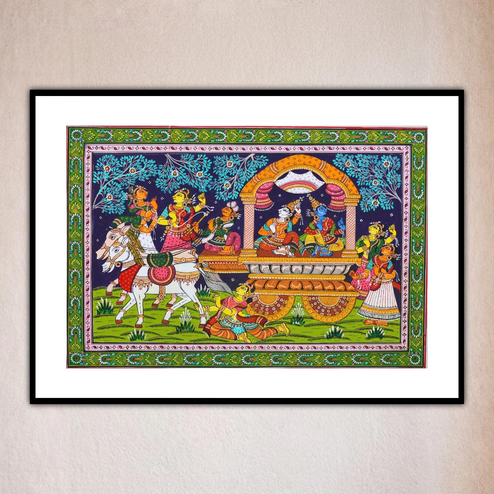 Front view of colorful scene with figures, trees, and horses in Krishna Balaram Mathura Vijay Pattachitra Art.