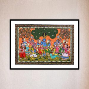 Front view of colorful figures dancing around a tree in Krishna Ras Leela Pattachitra Painting.