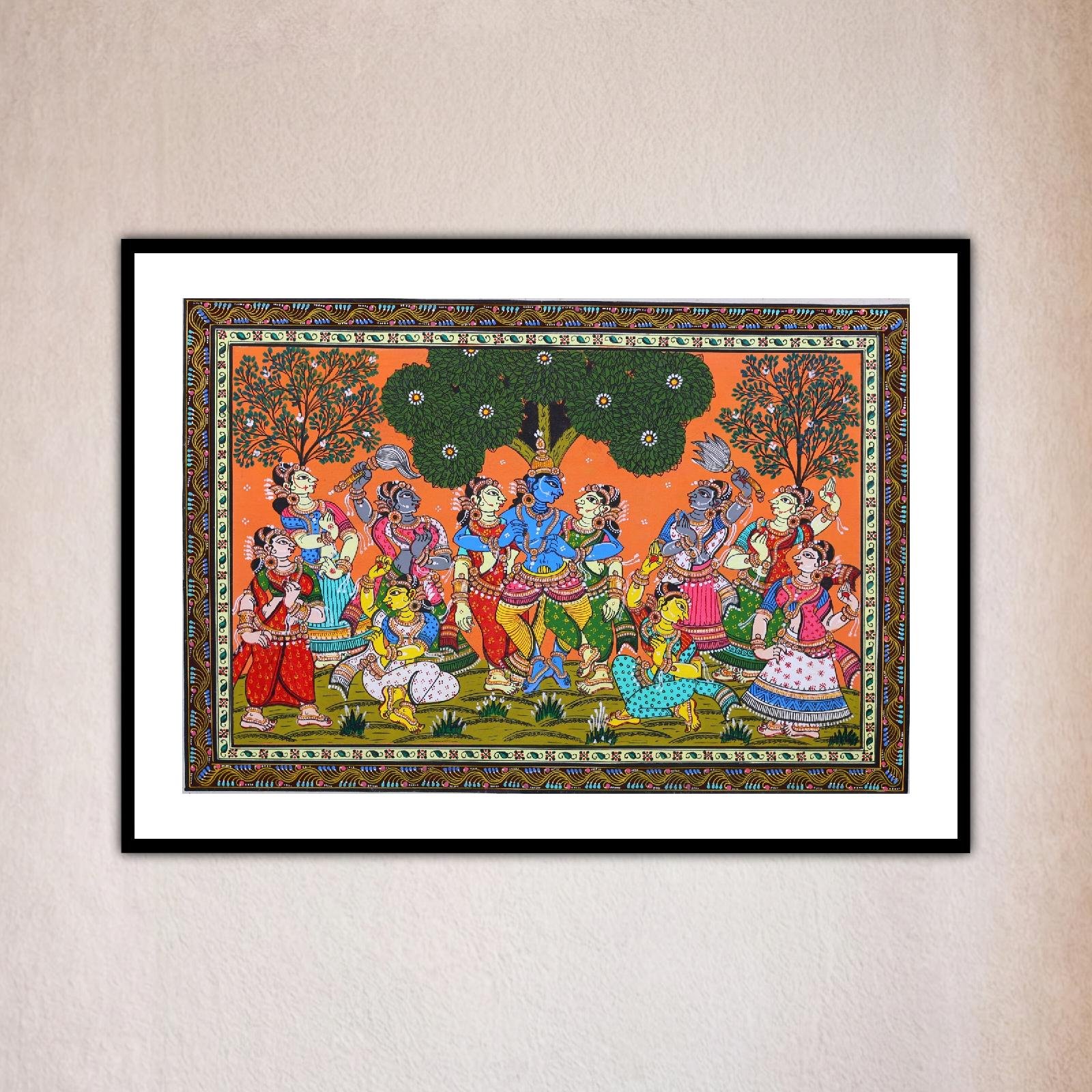 Front view of colorful figures dancing around a tree in Krishna Ras Leela Pattachitra Painting.