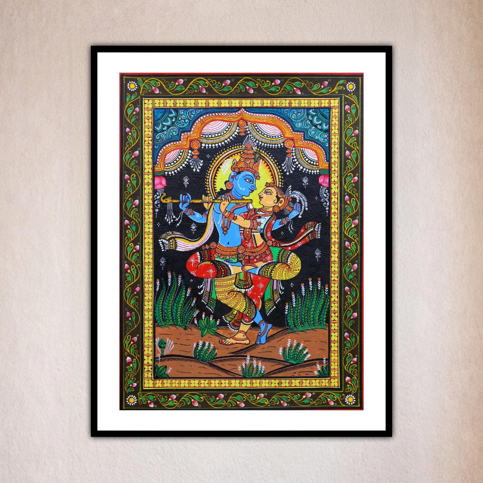 Front view of a colorful painting featuring Radha and Krishna, known as Radha Krishna Milan Pattachitra Painting
