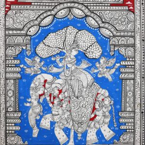Intricate patterns and figures adorn the blue background in Krishna With Kandarpa Hasti Pattachitra Painting.