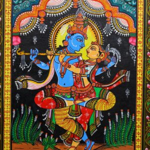 Intricate patterns adorn the clothing of Radha and Krishna in this handcrafted Odisha art.