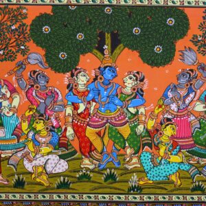 Intricate details of dancers in vibrant attire surround the central figures in Krishna Ras Leela Pattachitra Painting.