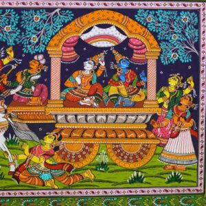 Intricate details of musicians and dancers surround the central figures in Krishna Balaram Mathura Vijay Pattachitra Art.