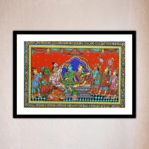 Colorful scene of deities and figures in traditional attire, Ram Darbar Pattachitra Art – Handcrafted In Odisha.