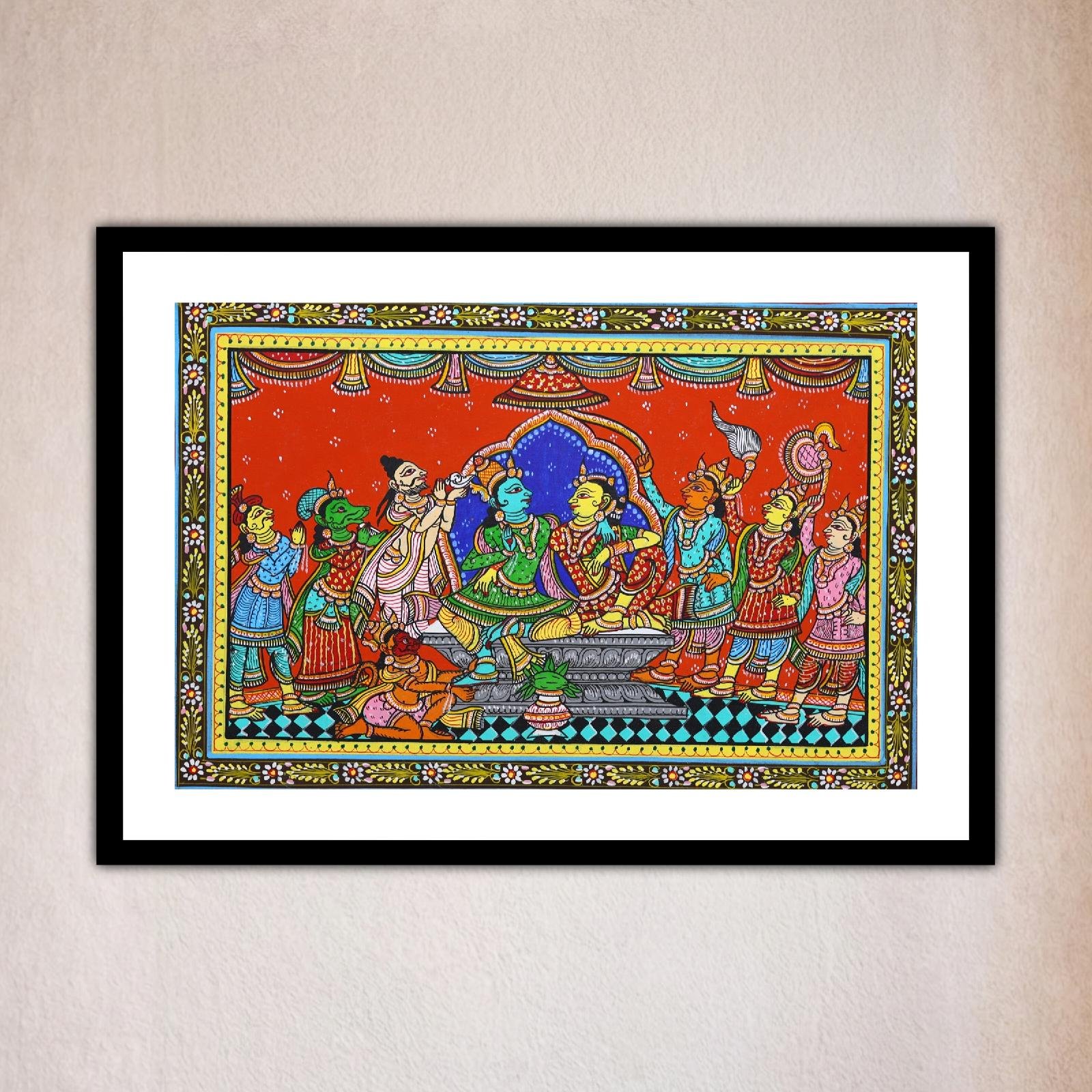 Colorful scene of deities and figures in traditional attire, Ram Darbar Pattachitra Art – Handcrafted In Odisha.