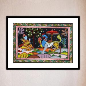 Colorful scene with figures and animals in a decorative frame, Nava Gunjara Pattachitra Art – Handcrafted In Odisha.